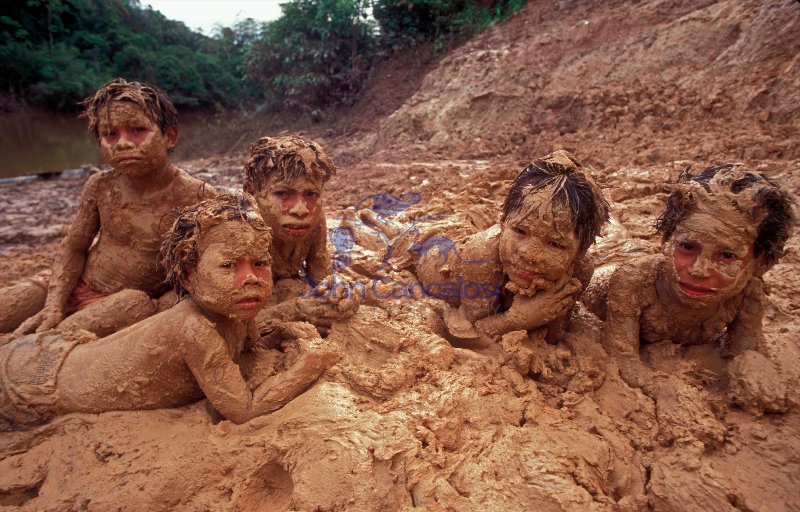 Mayoruna Indian Children in Mud -  Peru